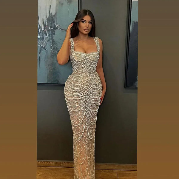 Luxury Dubai Arabic Nude Spaghetti Strap Mermaid Luxury Pearls Beaded Evening Gown for Women | Wedding Party  LA72606A