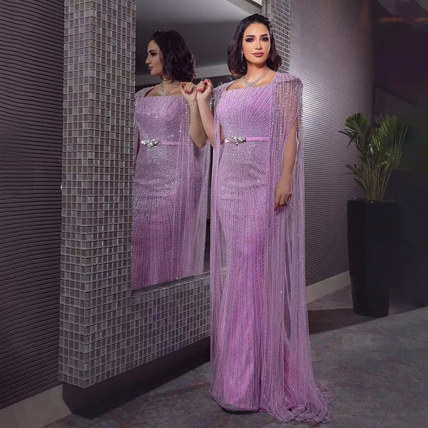 Serene Hill Arabic Purple Mermaid Cape Sleeves Beaded Luxury Dubai Long Evening Dresses Gowns For Women Party 2025 LA71909
