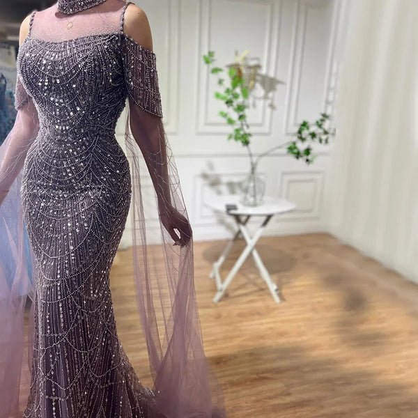 Serene Hill Arabic Purple Mermaid Cape Sleeves Beaded Luxury Long Evening Dresses Gowns 2025 For Woman Wedding Party LA71992