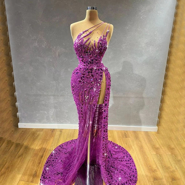 Luxury Dubai Arabic Purple Mermaid One Shoulder High Split Beaded Luxury Evening Dresses Gowns For Women Party  LA71820