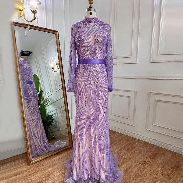 Serene Hill Arabic Purple Mermaid Puff High Neck Sleeves Elegant Beaded Evening Dresses Gowns For Women Party 2025 LA71815