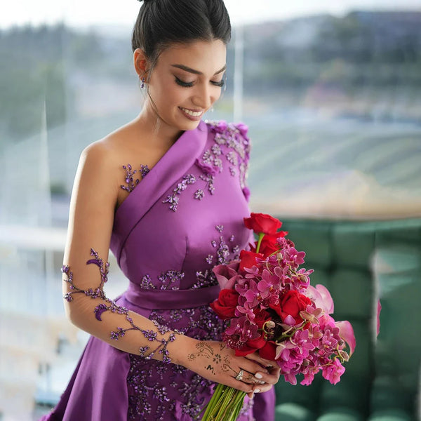 Serene Hill Arabic Purple Mermaid Satin Lace Beaded Luxury Dubai Evening Dresses Gowns 2025 Elegant For Women Party LA72179