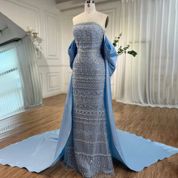 Arabic Blue Mermaid Elegant With Cape Luxury Beaded Feather Dubai Evening Dresses Gowns for Women Party LA71583B main image 0