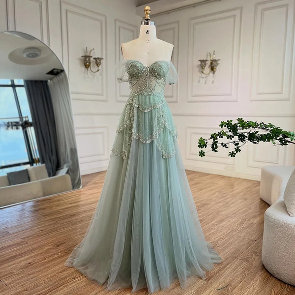 Serene Hill Arabic Sage Green A-Line Elegant Off The Shoulder Luxury Beaded Evening Dress for Women - Wedding Party 2025 LA72605