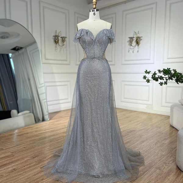 Serene Hill Arabic Silver Evening Gowns with Detachable Train, 2025 Luxury Sparkling Mermaid Dresses for Women's Party, LA70813