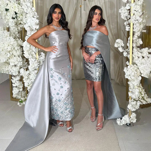 Serene Hill Arabic Silver Gray Mermaid Satin Luxury Beaded Evening Dresses Gowns 2025 For Women Wedding Party LA72349