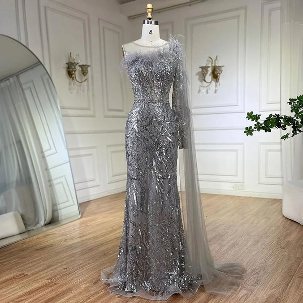 Serene Hill Arabic Silver Gray One Shoulder Mermaid Long Cloak Beaded Evening Dresses Gowns for Women Wedding Party 2025 LA72446