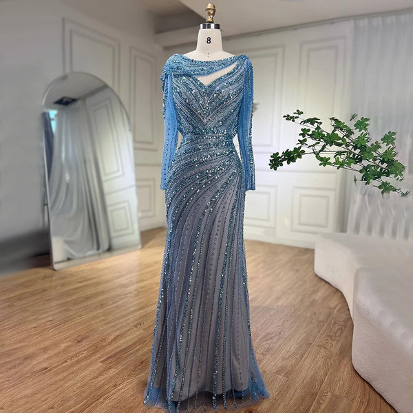 Serene Hill Arabic Silver Nude Beaded Elegant Mermaid Blue Luxury Dubai Evening Dresses Gowns for Women Party 2025 LA70752L