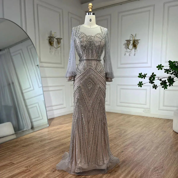 Serene Hill Arabic Silver Nude Elegant Mermaid Beaded Luxury Dubai Evening Dresses Gowns For Women Wedding Party 2025 LA72017