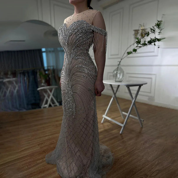 Serene Hill Arabic Silver Nude Mermaid Elegant Tassel Beaded Luxury Dubai Evening Dresses Gowns For Women Party  LA71906