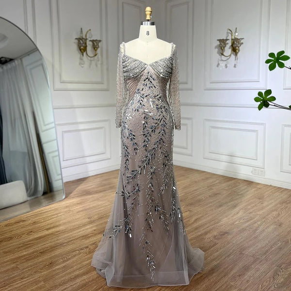Serene Hill Arabic Silver Nude Mermaid Luxury Beaded Elegant Dubai Evening Dresses Gowns for Woman Wedding Party 2025 LA72513