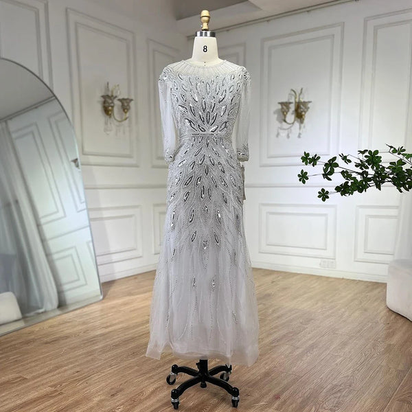Serene Hill Arabic Silver White Luxury Beaded Dubai Ankle Length Evening Dresses Gowns for Women Wedding Party 2025 LA71999S