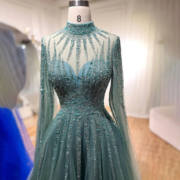 Serene Hill Arabic Turquoise A Line Beaded Dubai Evening Dresses With Cape Sleeves Gowns For Women Wedding Party 2025 LA72199