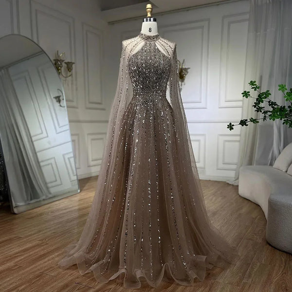 Serene Hill Arabic Turquoise A Line Cape Sleeve Beaded Luxury Dubai Evening Dresses Gowns For Women Wedding Party  LA72306A