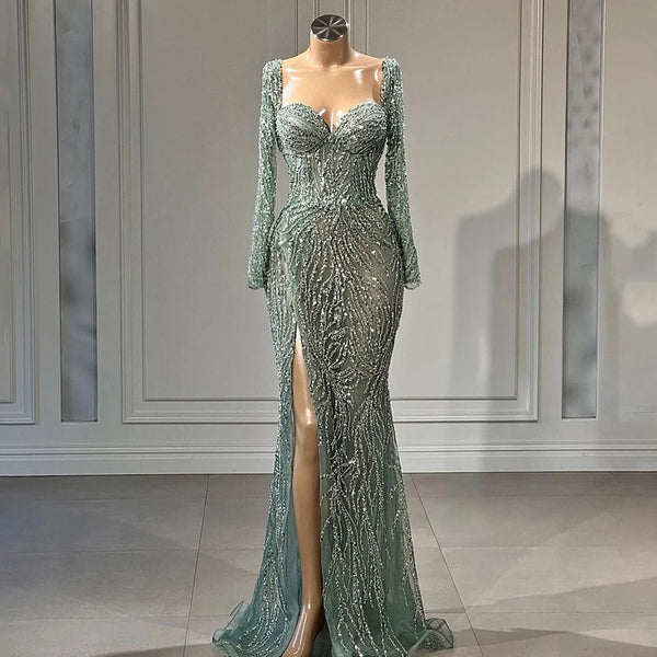 Serene Hill Arabic Turquoise Elegant Mermaid High Split Beaded Evening Dresses Gowns 2025 For Women Wedding Party LA72093