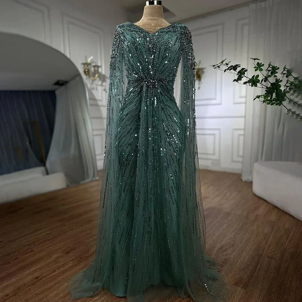 Serene Hill Arabic Turquoise Mermaid Beaded Cape Sleeves Elegant Evening Dresses Gowns 2025 For Women Wedding Party LA72168