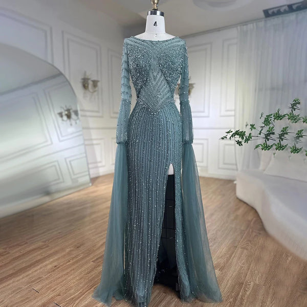 Luxury Dubai Mermaid Turquoise Evening Dress with Cape Sleeves LA72246