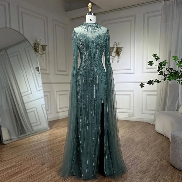 Serene Hill Arabic Turquoise Mermaid Cape Sleeves Split Beaded Evening Dresses Gowns For Woman Wedding  Party 2025 LA72381