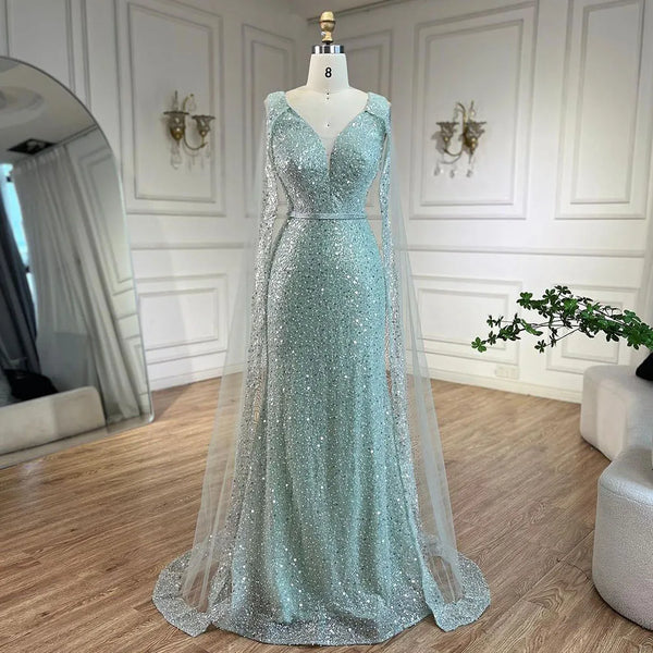 Serene Hill Arabic Turquoise Mermaid Dubai Evening Dress with Elegant Luxury Beaded Cape Sleeves for Women's Party 2025 LA72574