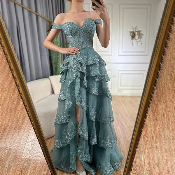 Luxury Dubai Arabic Turquoise Shoulder Strap Tiered Beaded Evening Gown with Front Split for Formal Occasion  LA72593A