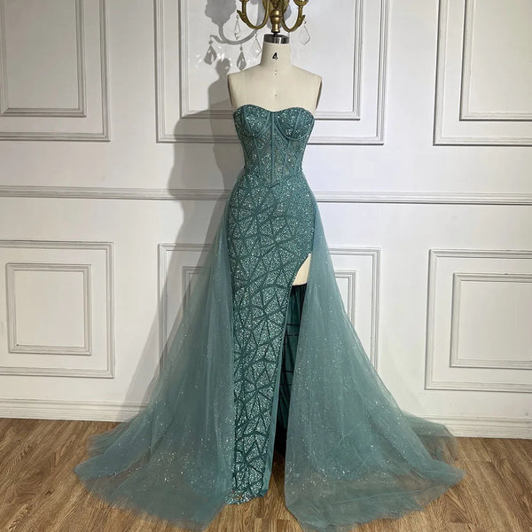 Serene Hill Arabic Turquoise High-Split Mermaid Beaded Luxury Evening Gown for Women Wedding Party 2025 LA72610