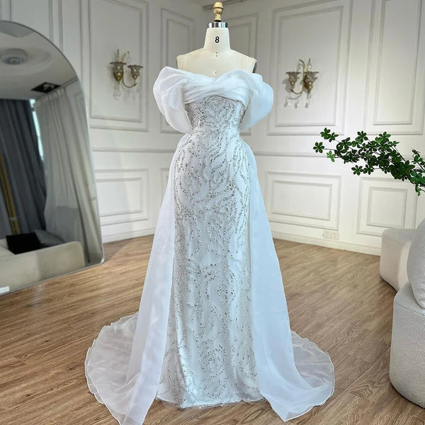 Luxury Dubai Arabic White Beaded Mermaid Elegant With Overskirt Luxury Dubai Evening Dresses Gowns for Women's Party  LA72398