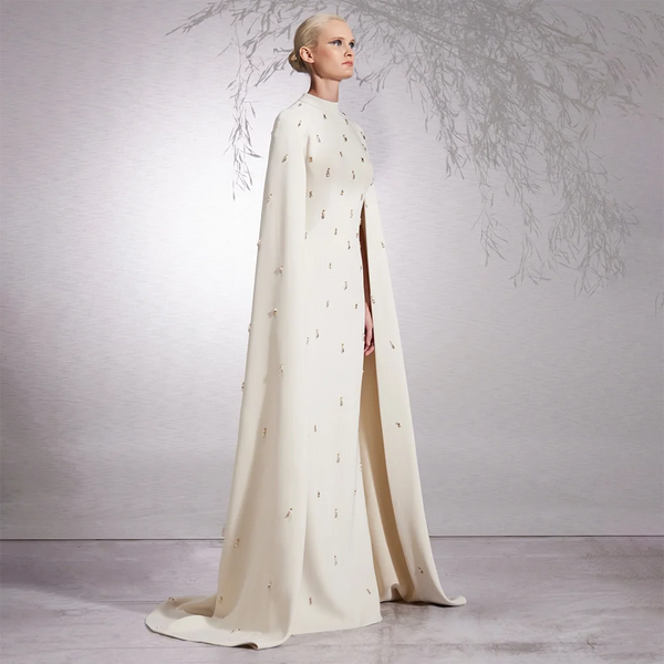 Serene Hill Arabic White Hijabs Mermaid Elegant Long Cloak Beaded Satin Dubai Evening Dresses Gowns For Women Party LA72487