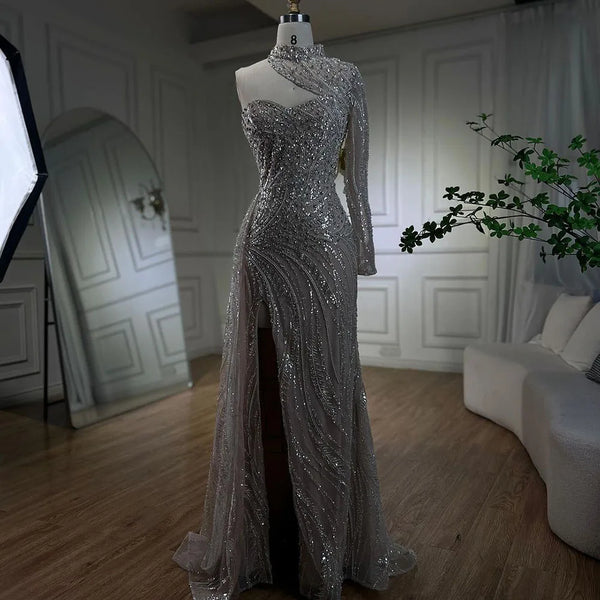 Serene Hill Arabic White Nude Mermaid Elegant One Shoulder Luxury Beaded Evening Dresses Gowns For Women Party 2025 LA72196