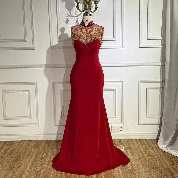 Serene Hill Arabic Wine Red Mermaid Elegant Satin Beaded Luxury Dubai Evening Dresses Gowns For Women Wedding Party 2025 LA72556
