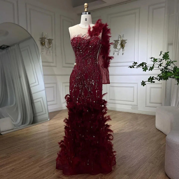 Serene Hill Arabic Wine Red Mermaid Luxury Evening Dresses Gowns Feathers Beading Elegant For Woman wedding Party 2025 LA71076