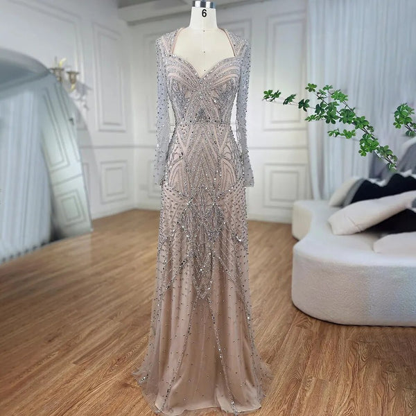 Serene Hill Arabic silver nude Long Sleeves Beaded Dubai Mermaid Evening Gowns 2025 Elegant Party Dresses For Women LA72183
