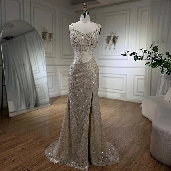 Luxury Dubai Beige Mermaid Floor Length Evening Gowns Luxury Beaded Crystal Spaghetti Strap Party Drsses For Women  LA72163