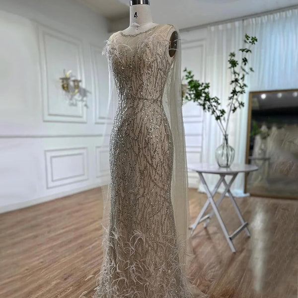 Serene Hill Beige Mermaid Shawl Yarn Sexy Beaded Feathers Luxury Dubai Evening Dresses Gowns  2025 For Women Party LA72142