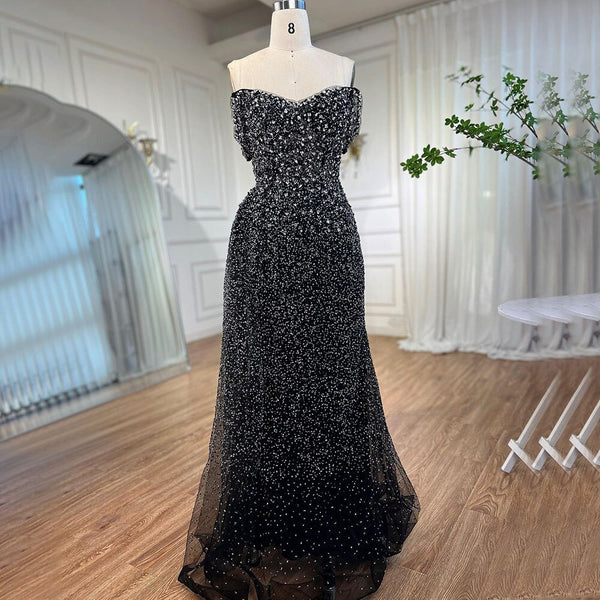 Serene Hill BlacK Mermaid Sexy High Split Crystal Beaded Luxury Evening Dresses Gowns 2025 For Women Wedding Party LA72150