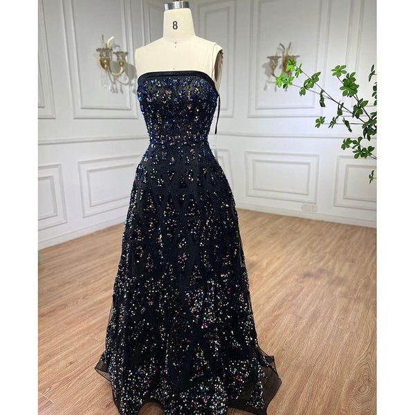 Serene Hill Black A-Line Elegant Evening Dress 2025 Off The Shoulder Luxury Beaded Sequins For Women Party LA72108