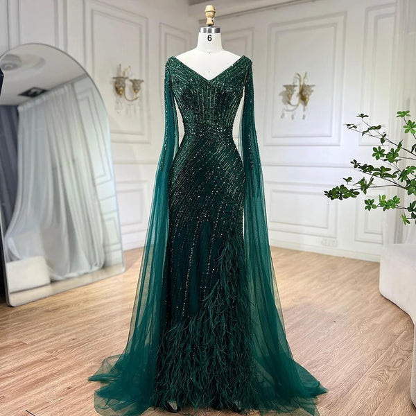 Serene Hill Black Mermaid Cape Sleeves High Split Luxury Beaded Feathers Evening Dresses Gowns 2025 For Women Party LA72216
