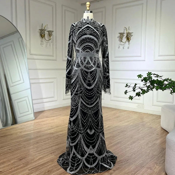 Serene Hill Black Muslim Luxury Beaded Elegant Mermaid Dubai Evening Dresses Gowns for Woman Wedding Party 2025 LA72512