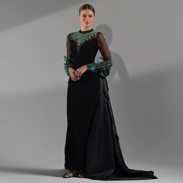 Serene Hill Black Satin Mermaid Lace Beaded Luxury Long Evening Dresses Gowns For Women Wedding Party 2025 LA72230