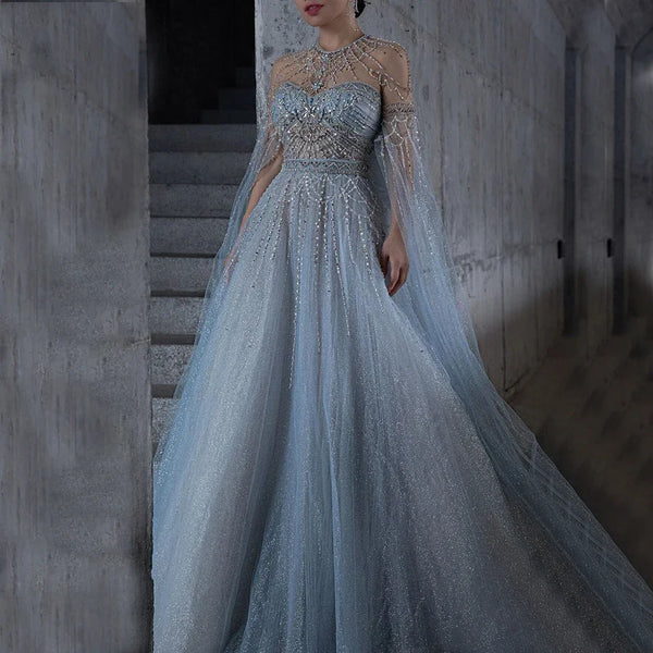 Serene Hill Blue A-Line Arabic Cape Sleeves O-Neck Bow Beaded Luxury Evening Dresses Gowns 2025 For Women Party LA71831