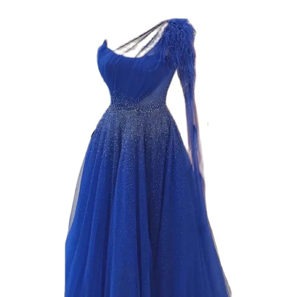 Serene Hill Blue A Line Elegant One Shoulder Evening Dresses Gowns Luxury Feathers Beaded For Women Wedding Party 2025 LA72257