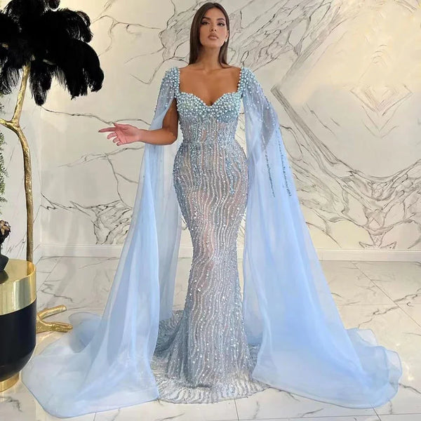 Blue Arabic Luxury Beaded Mermaid Evening Dress Gown with Cape Sleeves LA71715