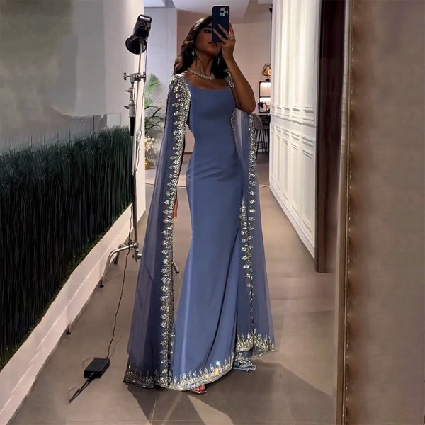 Serene Hill Blue Cape Sleeves Luxury Evening Dresses Gowns 2025 Mermaid Beaded Elegant For Women Party LA72086