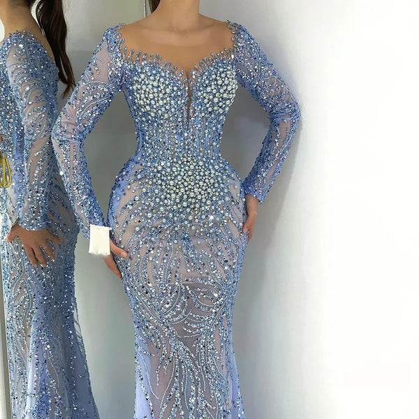 Serene Hill Blue Elegant Mermaid Dubai Arabia Luxury Beaded Pearls Evening Dresses Gowns 2025 For Women Wedding Party LA72264