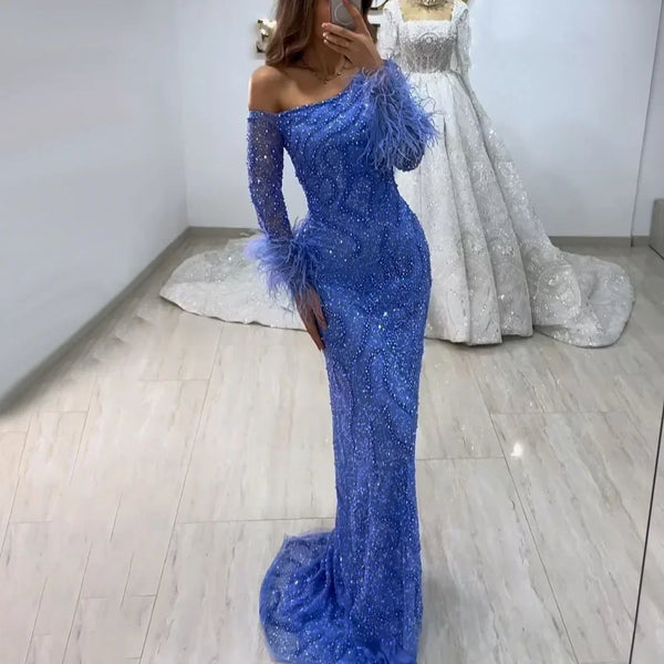 Serene Hill Blue Mermaid Elegant One-Shoulder Beaded Feathers Luxury Evening Dress Gown for Women's Wedding Party 2025 LA72395