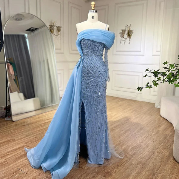 Serene Hill Blue Mermaid Elegant One Shoulder Evening Dresses Gowns Luxury Pearls Beaded For Women Wedding Party 2025 LA72244