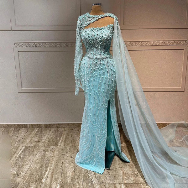 Luxury Dubai Blue Mermaid Long Cloak High Split Beaded Pearls Luxury Evening Dresses Gowns For Women Wedding Party  LA72268