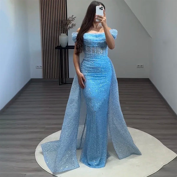 Serene Hill Blue Mermaid Off The Shoulder With Overskirt Beaded Sequined Evening Dresses Gowns For Women Party 2025 LA72204