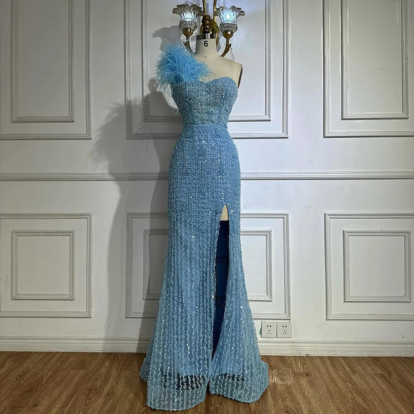 Luxury Dubai Blue Mermaid One Shoulder Beaded Evening Gown High Split and Feathers for Formal Occasion  LA72347A