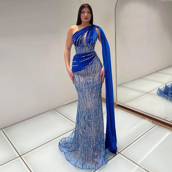 Serene Hill Blue Mermaid One Shoulder Elegant Cape Sleeve Beaded Luxury Evening Dresses Gowns For Women Party 2025 LA72323