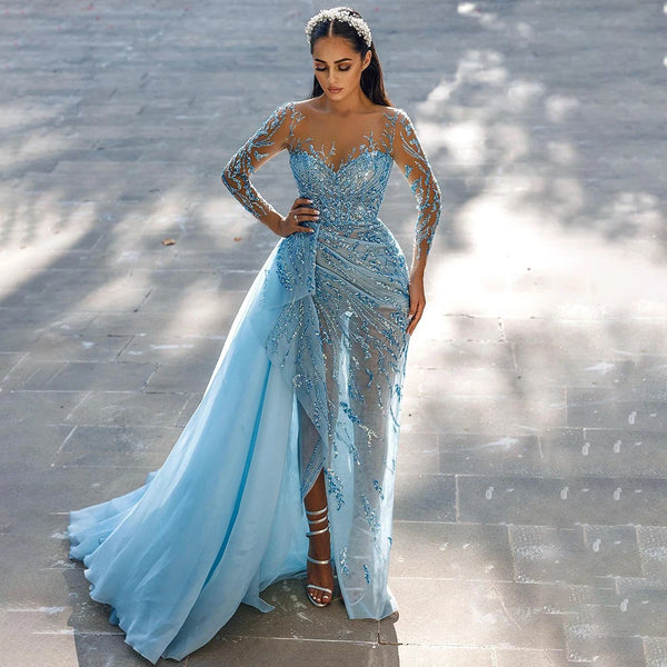 On Sale  no return no refundSerene Hill Blue Mermaid Sexy High Split Elegant With Skirt Lace Beaded Evening Dresses Gowns For Women Party  LA71781
